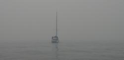 SV Silhouette crossing Twofold Bay in smoke
